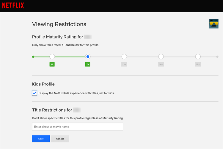 Viewing Restrictions digunakan sebagai filter konten mana saja yang boleh dikonsumsi oleh pengguna profil tertentu di Netflix, berdasarkan rating umur. Bisa juga memasukkan judul konten secara manual untuk dibatasi.