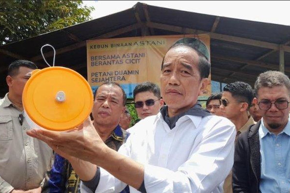 TRIBUN MEDAN/MUHAMMAD NASRUL
Presiden ke-7 Republik Indonesia Joko Widodo, menunjukkan alat perangkap hama lalat buah terbaru yang dibagikan kepada petani jeruk di kawasan Liang Melas Datas (LMD), Kabupaten Karo, Sumatera Utara, Jumat (16/5/2025). 