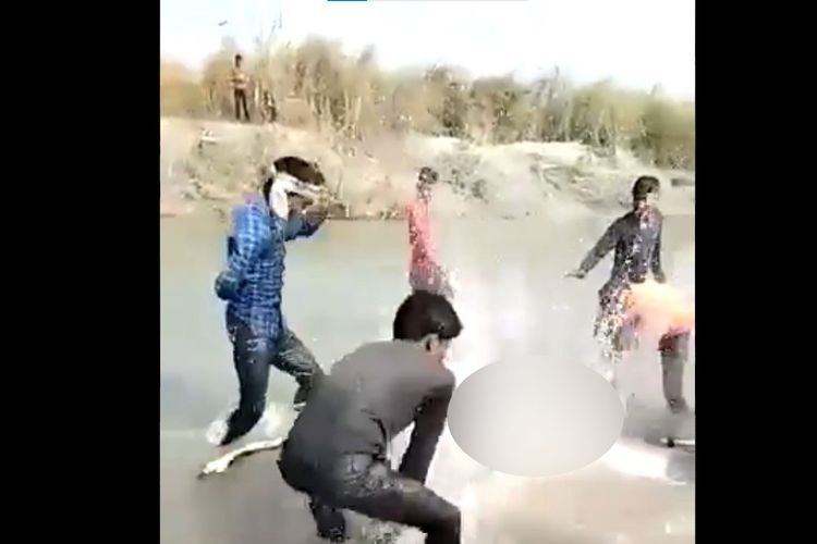 Tangkapan layar dari video sekelompok pemuda yang memukuli seekor lumba-lumba Gangetic langka dan terancam punah, sampai mati di India pada 31 Desember 2020.