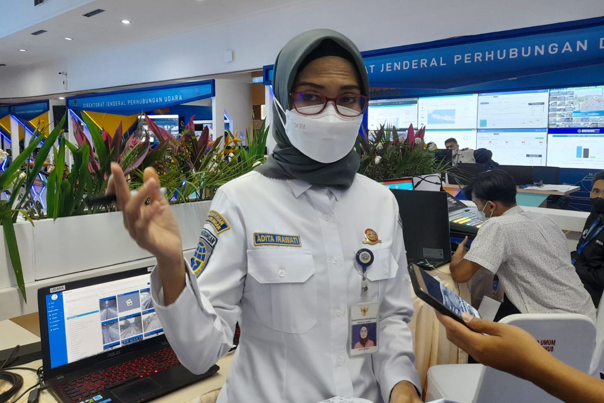 Juru Bicara Kementerian Perhubungan Adita Irawati di Posko Angkutan Lebaran Terpadu 2022, Jakarta, Kamis (28/4/2022). Kemenhub sebut tarif baru angkutan penyeberangan sedang difinalisasi.