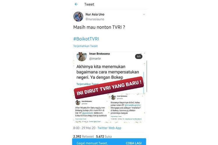 Twit yang viral soal cuitan dirut TVRI Iman Brotoseno