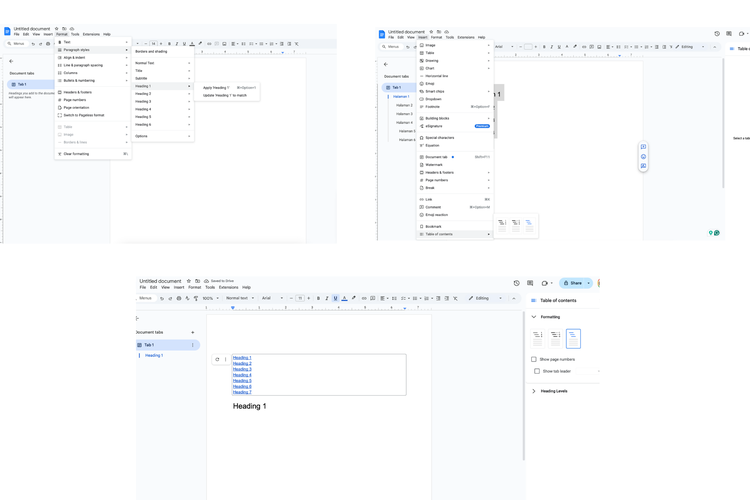 Ilustrasi cara buat daftar isi otomatis di Google Docs