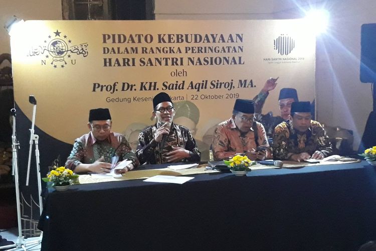 Konferensi pers jelang peringatan hari santri nasional 2019 di Gedung Kesenian Jakarta, Selasa (22/10/2019).