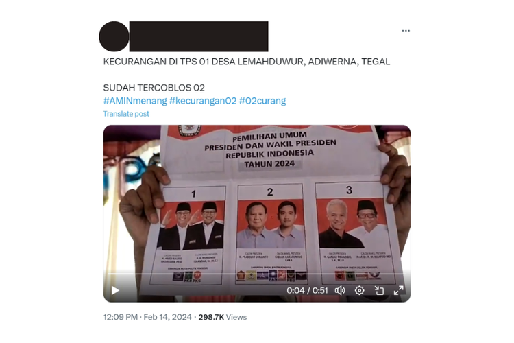 Tangkapan layar video surat suara sudah tercoblos untuk paslon 02 di Desa Lemahduwur, Tegal