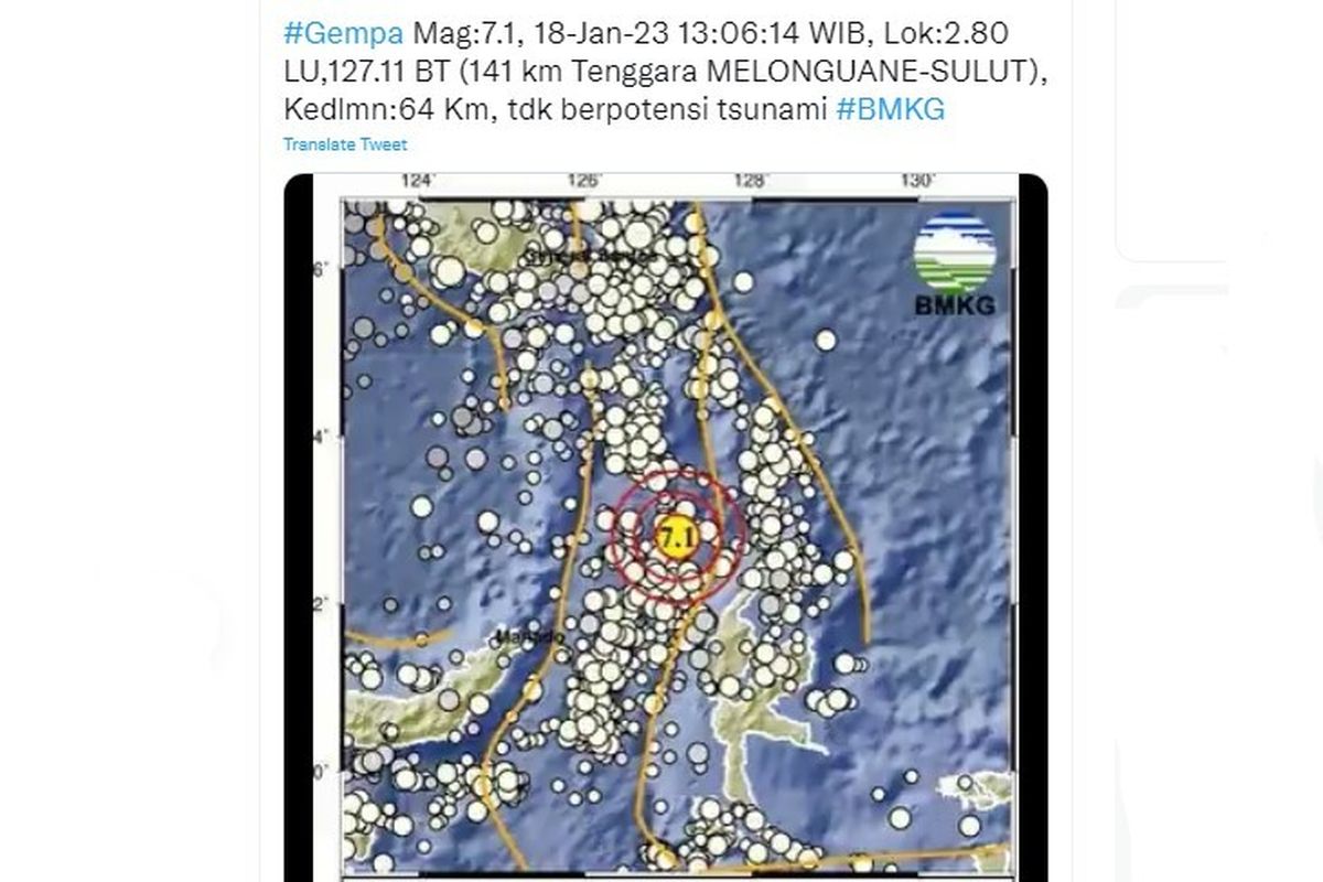 Tangkapan Layar Twitter @InfoBMKG, Gempa Maluku. Gempa bumi mengguncang Laut Maluku berkekuatan M 7,1. Analisis BMKG menunjukkan gempa Maluku dipicu deformasi batuan dalam Lempeng Laut Maluku.