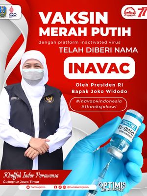 Gubernur Jawa Timur (Jatim) Khofifah Indar Parawansa bersyukur vaksin merah putih yang dikembangkan Tim Peneliti dari Universitas Airlangga (Unair), Surabaya bersama PT Biotis Pharmaceutical Indonesia segera bisa diproduksi. 