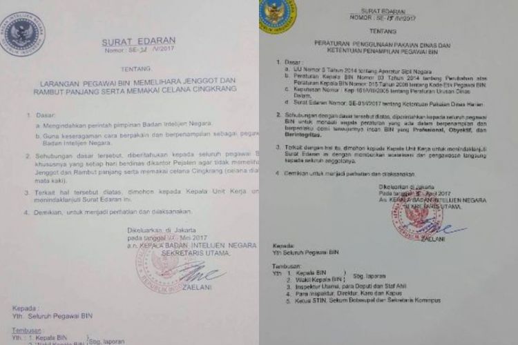 Surat edaran yang beredar. Kiri, surat edaran berisikan larangan staf BIN berjenggot dan bercelana cingkrang. Kanan, surat edaran tanpa ada larangan berjenggot dan bercelana cingkrang.