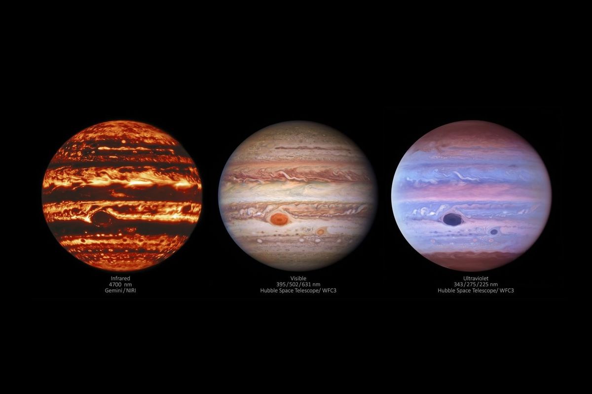 Foto baru planet Jupiter ditangkap teleskop luar angkasa NASA Hubble. Ketiga gambar planet terbesar di Tata Surya ini diambil dalam tiga panjang gelombang berbeda. Dari gambar tersebut terungkap dinamika atmosfer Jupiter.