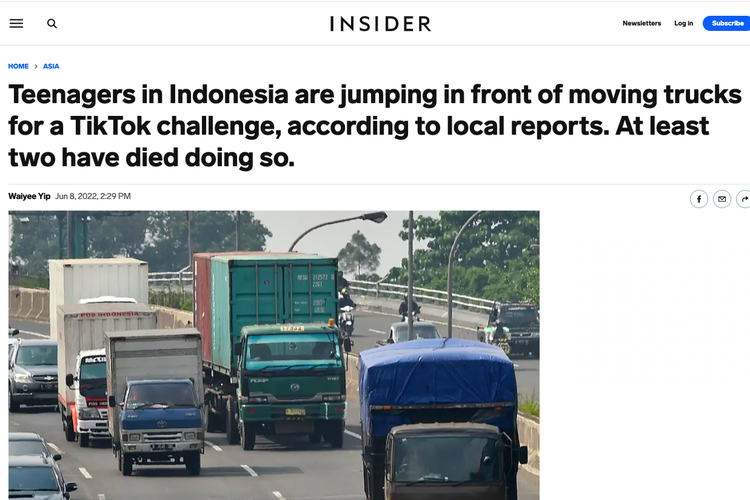 Tangkapan layar berita Insider yang mengulas tren remaja Indonesia adang truk demi konten Tiktok