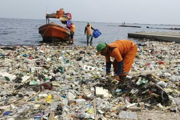 Petugas SDA Kep Seribu mengangkut sampah-sampah yang terbawa arus angin barat di pantai KBN Cilincing, Jakarta Utara
