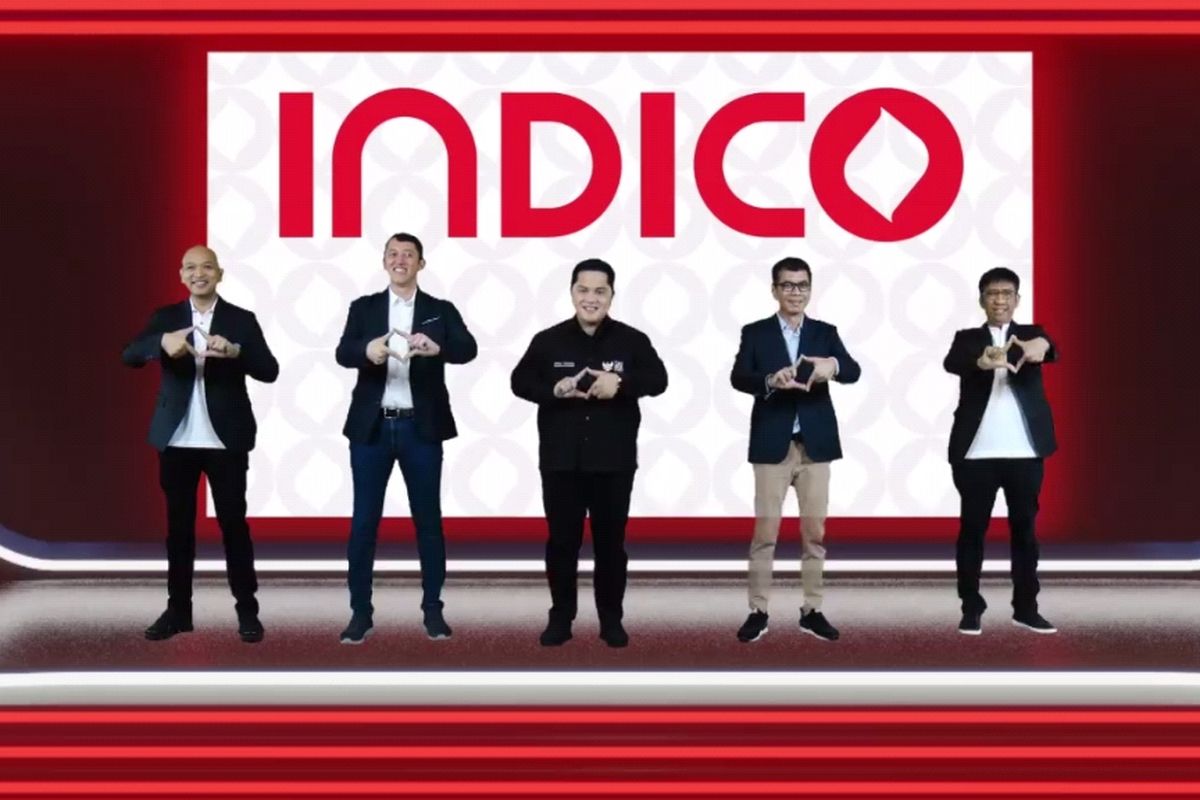 Dari nomor dua kiri ke kanan - CEO Telkomsel Ekosistem Digital Andi Kristianto, Menteri BUMN Erick Thohir, Komisaris Utama Telkomsel Wishnutama Kusubandio, dan Direktur Utama Telkomsel Hendri Mulya Syam hadir dalam acara peresmian brand name Indico, yang disiarkan secara online, Kamis (10/3/2022).