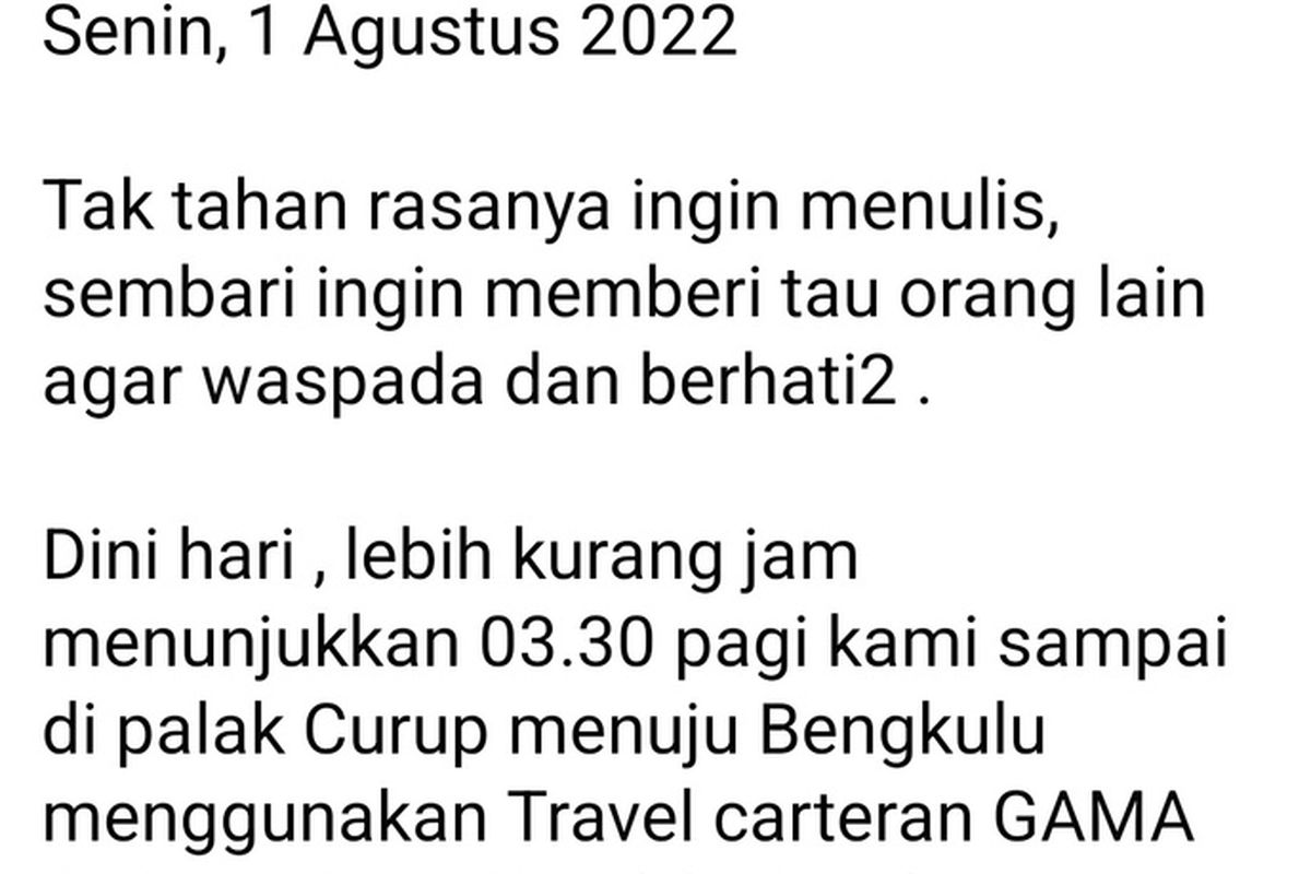 Seorang ibu rumah tangga menulis pengalaman yang membuat dirinya trauma karena menjadi korban begal di wilayah Kepala Curup, Kabupaten Rejang Lebong, Provinsi Bengkulu, Senin (1/8/2022).