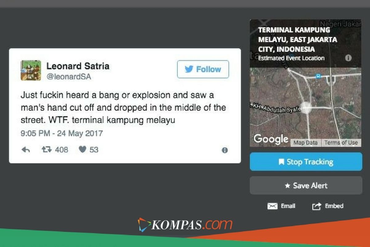 Twit Leonard Satria terkait bom Kampung Melayu, twit ini yang pertama kali memiliki pengaruh luas karena jangkauannya, 408 kali ditwit ulang dan 53 kali disukai.