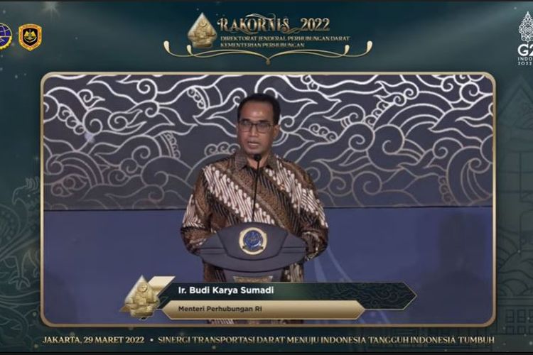 Menteri Perhubungan Budi Karya Sumadi saat Rapat Koordinasi Teknis (RAKORNIS) Bidang Perhubungan Darat Tahun 2022, Selasa (29/3/2022).