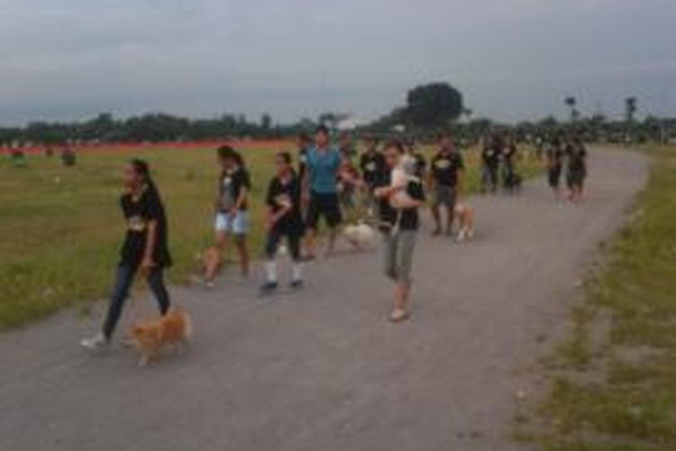 Komunitas Dog Owner Community (DOC) membawa anjing peliharaannya di kawasan Simpang Lima Gumul, Minggu (1/3/2015).