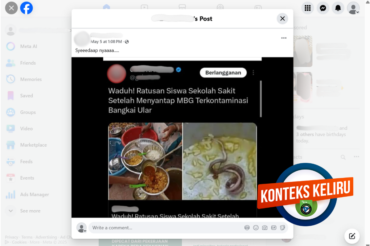 Tangkapan layar konten dengan konteks keliru di sebuah akun Facebook, Senin (5/5/2025), mengenai MBG tercemar bangkai ular.