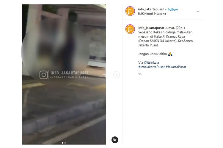 Video viral yang merekam adegan pasangan berbuat mesum di sebuah halte di Jalan Kramat Raya, Senen, Jakarta Pusat. 