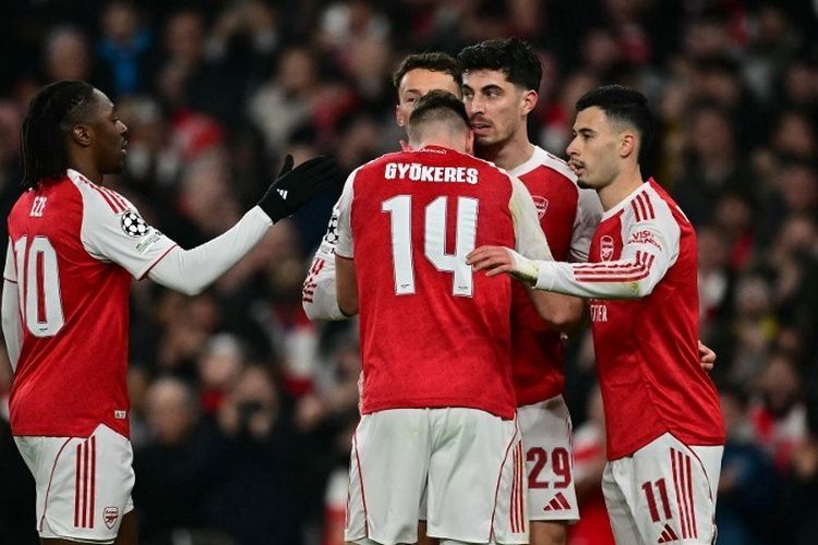 Penyerang Arsenal Kai Havertz merayakan gol kedua timnya pada laga Liga Champions UEFA antara Arsenal dan Kairat Almaty di Stadion Emirates di London utara pada 28 Januari 2026.