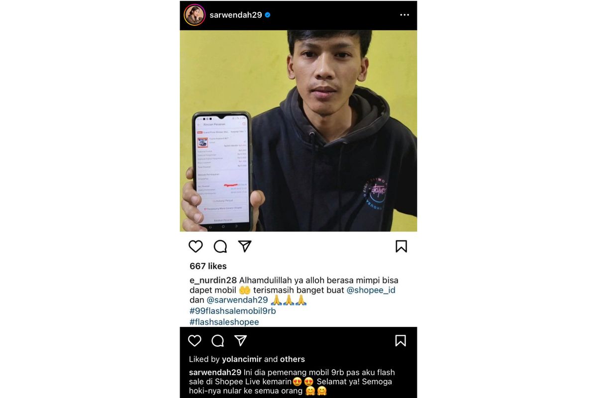 Sarwendah pun mengucapkan selamat kepada Endang Nurdin. Pemuda asal Kabupaten Tasikmalaya, Jawa Barat ini, memenangkan Totoya Avanza yang dijual saat Flash Sale Mobil 9RB.