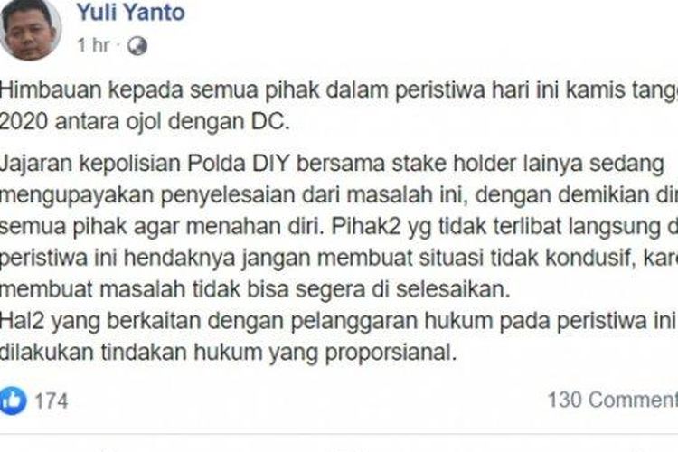Tangkapan layar imbauan Kabid Humas Polda DIY, Kombes Pol Yuli Yanto, melalui akun facebook pribadinya, Kamis (5/3/2020) (dok.ist/facebook Yuli Yanto)