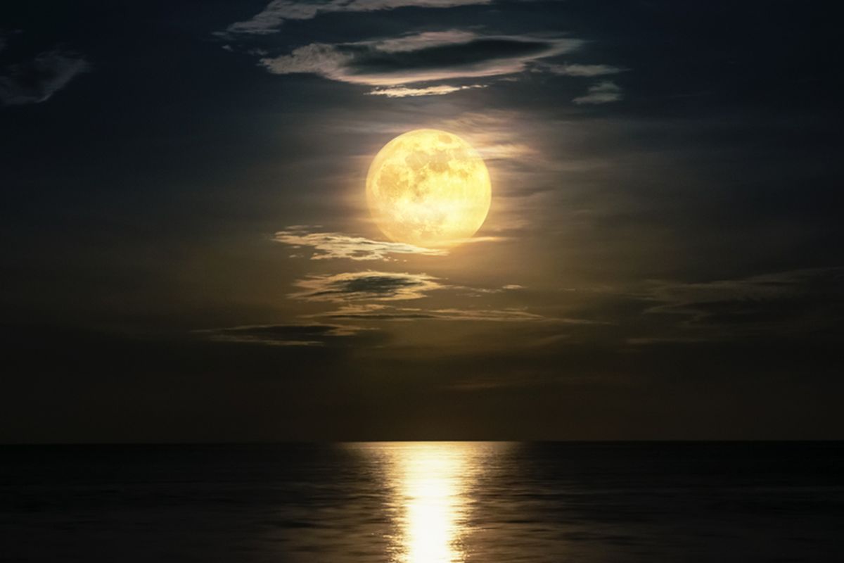 Ilustrasi bulan purnama, bulan bersinar di malam hari. Fenomena bulan purnama sering dikaitkan dengan gelombang pasang air laut.