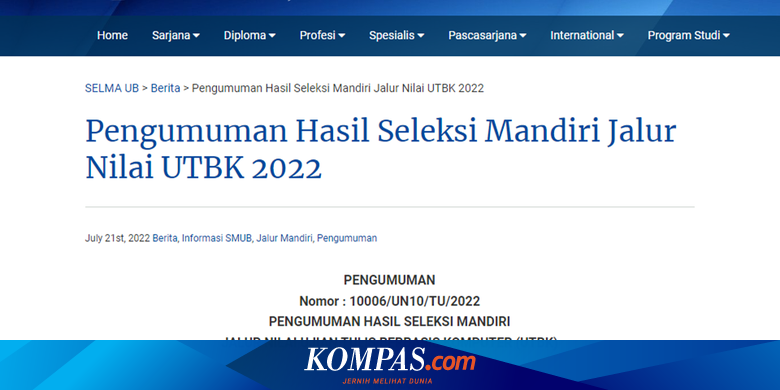 Link dan Cara Cek Pengumuman Hasil Seleksi Mandiri UB Jalur Nilai UTBK