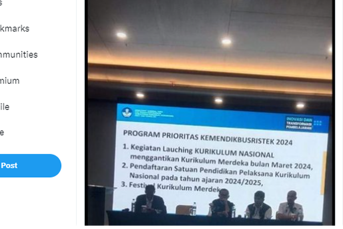 Tangkapan layar unggahan yang menginformasikan Kurikulum Nasional akan menggantikan Kurikulum Merdeka pada Maret 2024