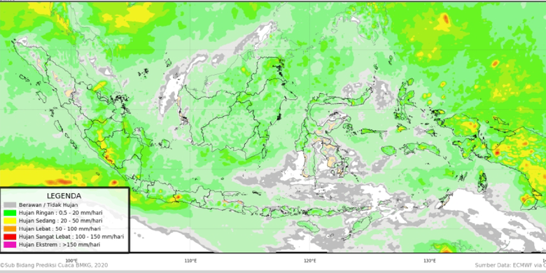 Prakiraan cuaca Indonesia 28-29 Oktober 2020, prediksi akumulasi curah hujan BMKG.