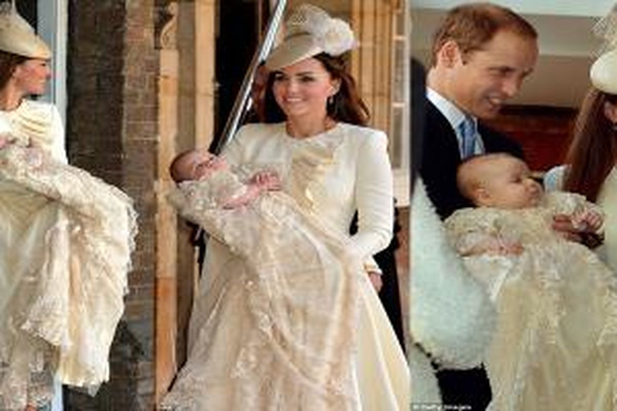 Kate Middleton memilih busana berwarna krem, serasi dengan sang putra Pangeran George. 