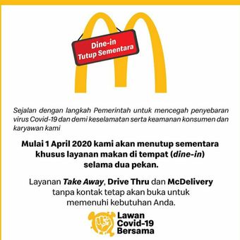 1 April, McDonalds Indonesia Tutup Sementara Layanan Makan di Tempat - Kompas.com - KOMPAS.com