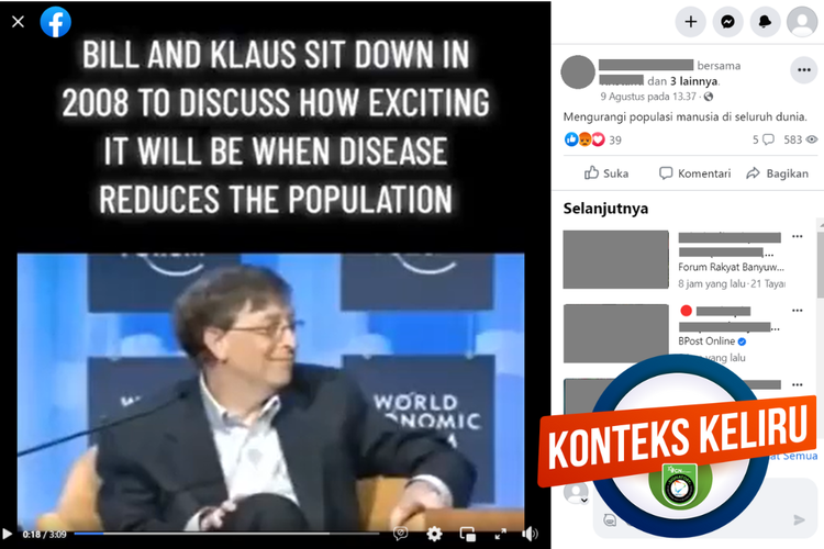 Tangkapan layar unggahan dengan konteks keliru di sebuah akun Facebook, 9 Agustus 2023, berisi video Bill Gates dan Klaus Schwab bicara soal upaya mengurangi populasi manusia.