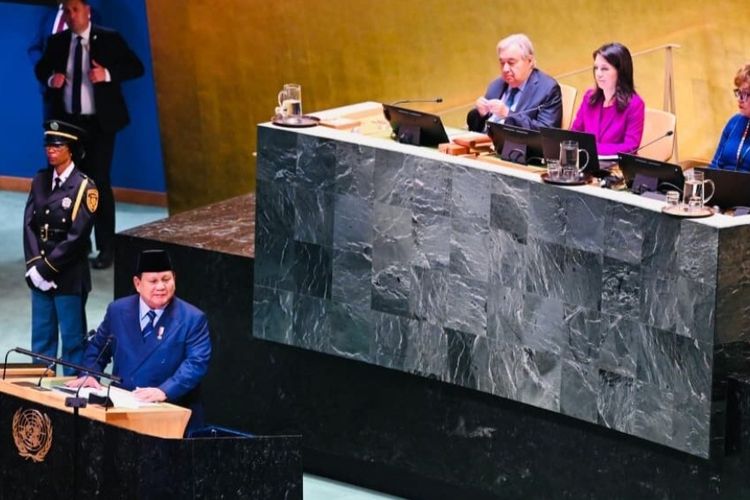 Presiden Prabowo Subianto saat menyampaikan pidatonya pada Sidang Majelis Umum ke-80 Perserikatan Bangsa-Bangsa (PBB) di New York, Amerika Serikat, pada Selasa (23/9/2025).