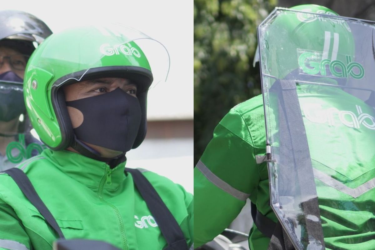 Para mitra pengemudi Grab dibekali alat pelindungi GrabBike Protect. Alat ini merupakan partisi plastik yang dirancang untuk meminimalkan terjadinya kontak antara penumpang dengan pengemudi. 