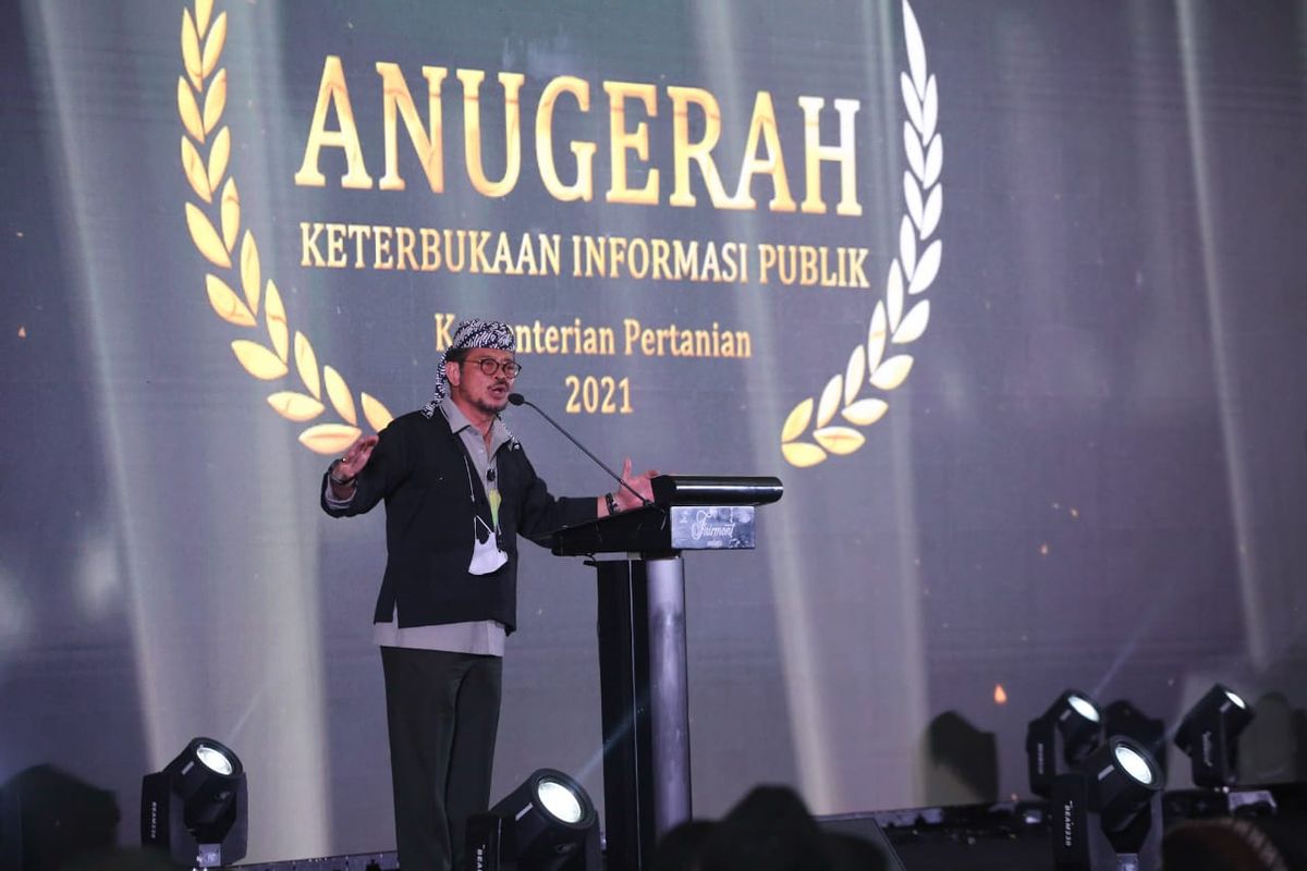 Menteri Pertanian (Mentan) Syahrul Yasin Limpo dalam acara Anugerah Keterbukaan Informasi Publik (KIP) 2021, di Jakarta, Senin, (11/10/2021).
