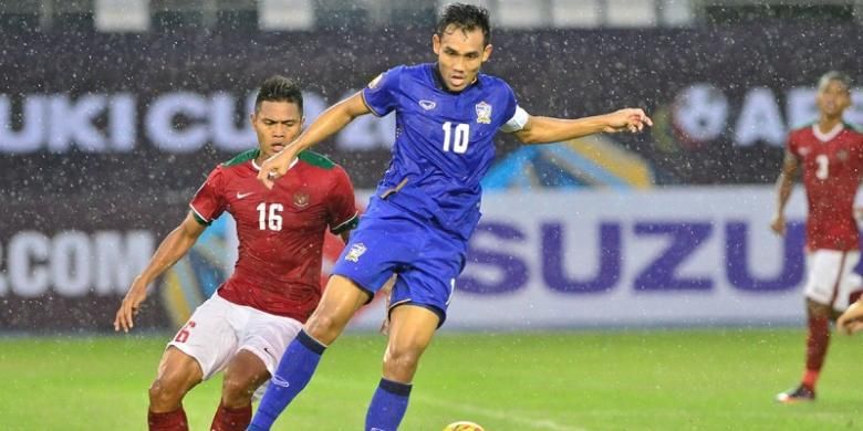 Pemain Thailand, Teerasil Dangda, mendapatkan penjagaan dari pemain Indonesia, Fachruddin, dalam laga Grup A Piala AFF 2016 di Philippine Stadium, Bocaue, Sabtu (19/11/2016).