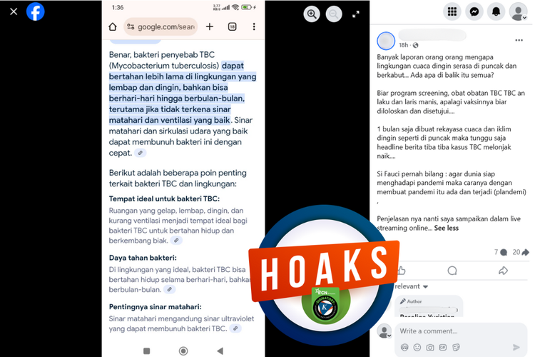 Tangkapan layar konten hoaks di sebuah akun Facebook, Senin (30/6/2025), yang mengeklaim kabut di Jabodetabek adalah rekayasa iklim untuk meningkatkan kasus TBC.