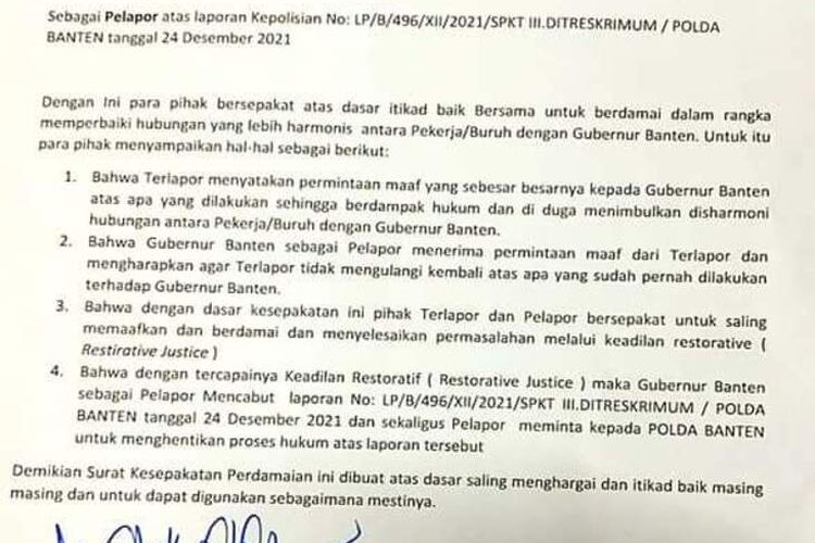 Penampakan surat kesepakatan damai antara Gubernur Banten Wahidin Halim dengan buruh yang dilaporkannya ke Polda Banten