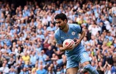Pemain Manchester City, Ilkay Guendogan, menjadi pahlawan dalam laga Man City vs Aston Villa, di Etihad Stadium, Minggu (22/5/2022) malam WIB.