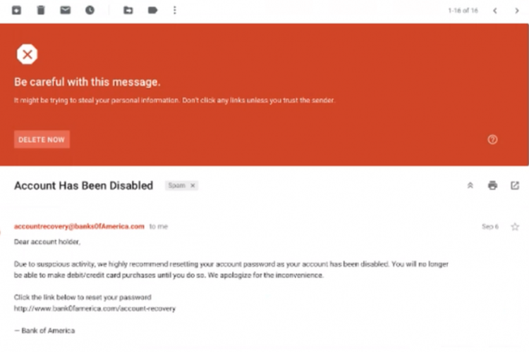 Peringatan Gmail untuk e-mail terindikasi berbahaya