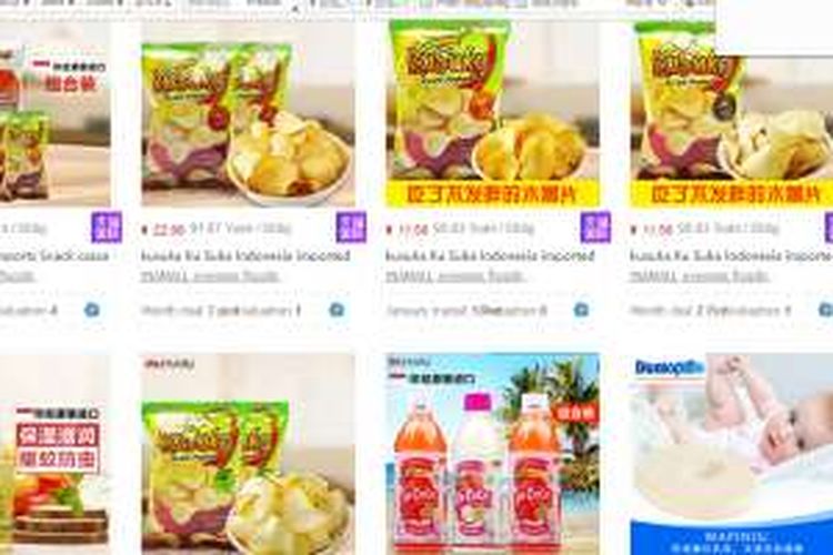 Keripik singkong Kusuka yang dijual di toko online China, Tmall.com.