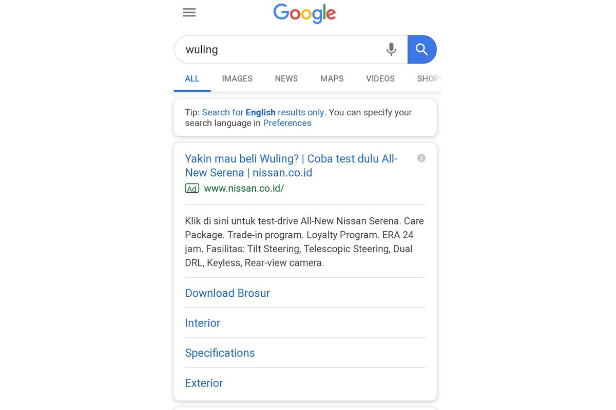 Tangkapan layar hasil pencarian kata Wuling di halaman mesin pencari Google, Selasa (7/5/2019)