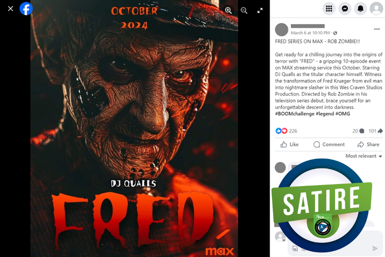 Tangkapan layar konten satire di sebuah akun Facebook, Rabu (6/3/2024), berisi poster serial film Fred yang akan tayang Oktober 2024 di Max.
