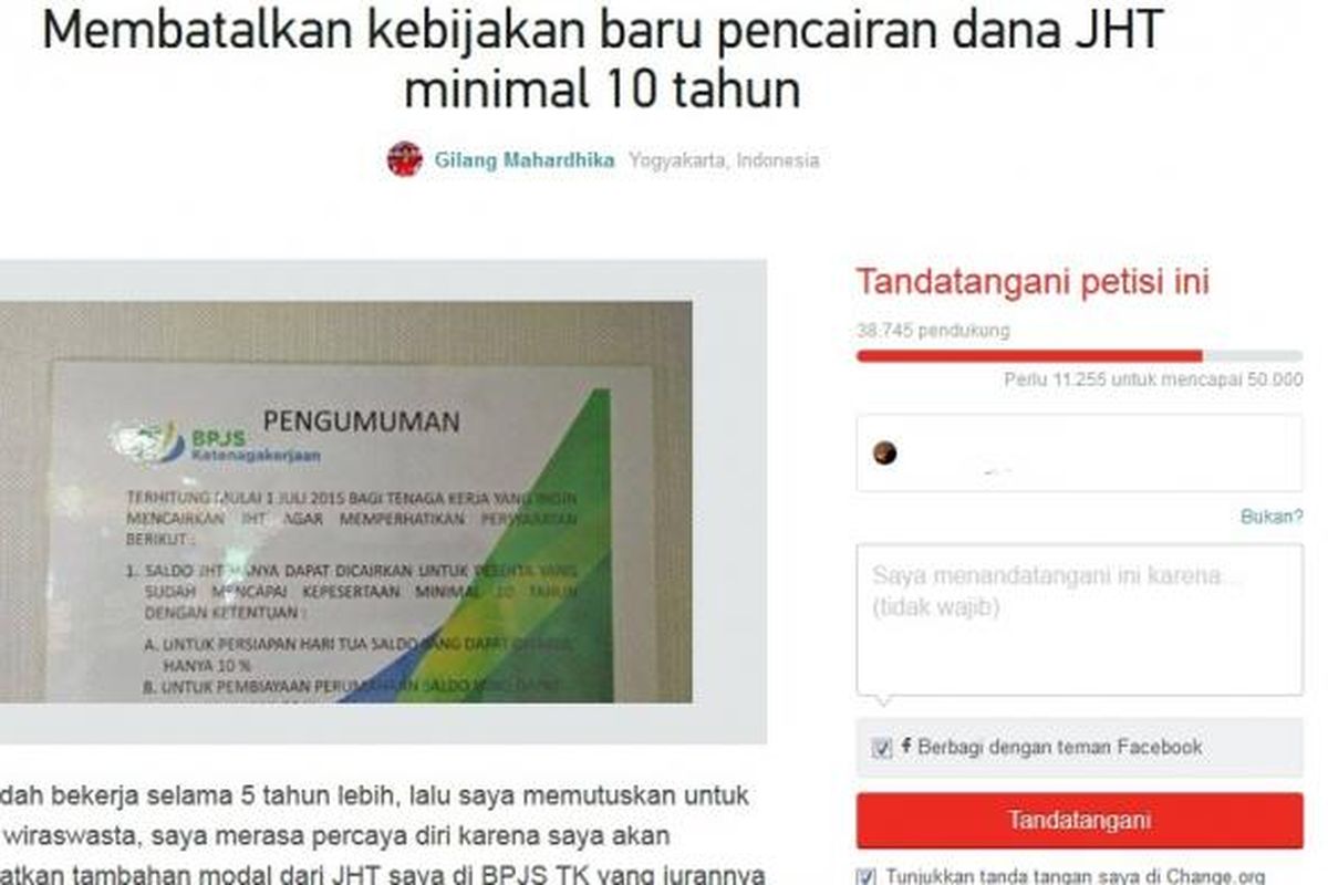 Petisi untuk membatalkan kebijakan baru pencairan dana JHT minimal 10 tahun