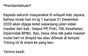 Status Facebook keliru soal Pemkab Jepara gelar sidak masker dan sanksi tes di tempat.