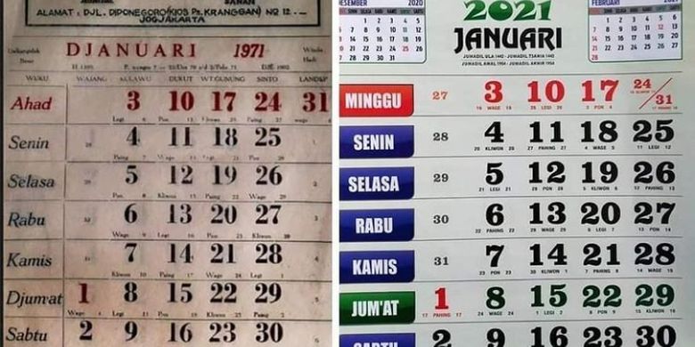 Tangkapan layar unggahan Instagram yang menyandingkan dua kalender Masehi tahun 1971 dan 2021.