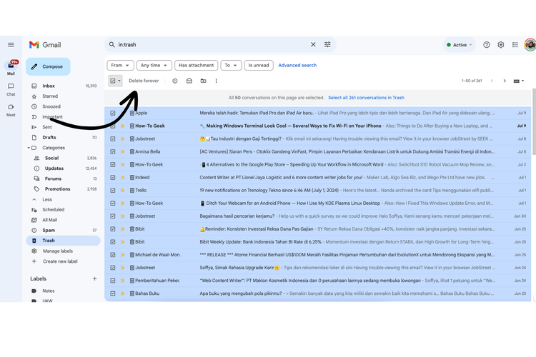 Ilustrasi cara hapus permanen email di gmail