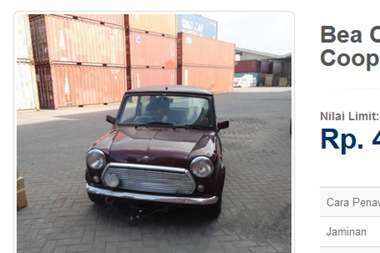 Tangkapan layar pengumuman lelang mobil Mini Cooper 40 oleh Bea Cukai (lelang.go.id)