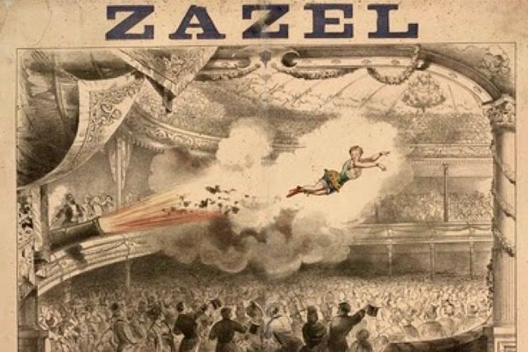 Zazel beraksi dalam pertunjukan spektakuler, dilemparkan ke udara dengan meriam. (On This Day)