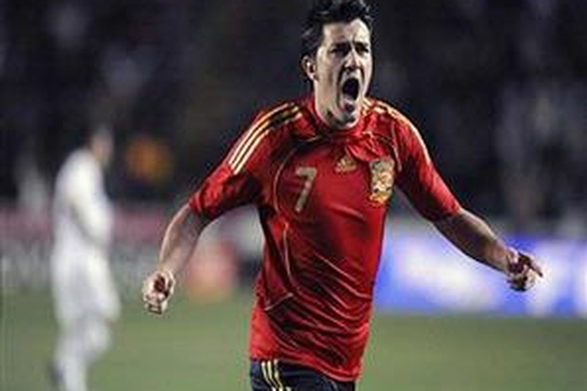 David Villa meluapkan kegembiraannya setelah mencetak gol ke gawang Italia.