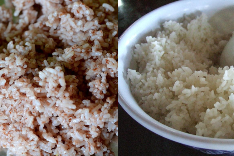 Ilustrasi perbandingan nasi merah dan nasi putih.